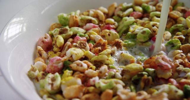 Close-Up View of Colorful Breakfast Cereal with Milk - Download Free Stock Images Pikwizard.com