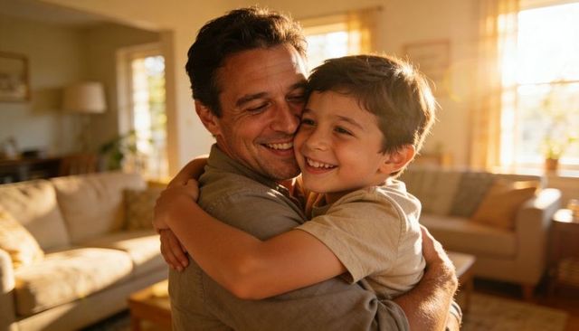 Father and son hugging in sunlit living room during golden hour