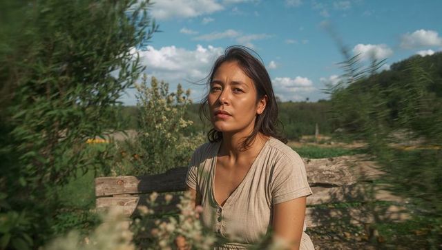 Contemplative woman sitting on rustic bench in sunlit meadow, serene countryside portrait