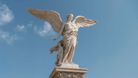 Marble winged victory statue soaring over blue sky on ornate pedestal with child figure