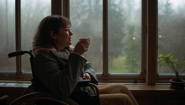 Contemplative woman in wheelchair sipping warm cup by rain-speckled window with cozy interior