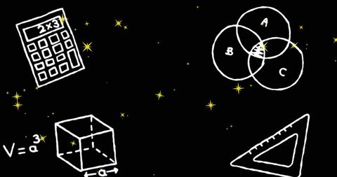 Science and Mathematics Icons on Starry Black Background