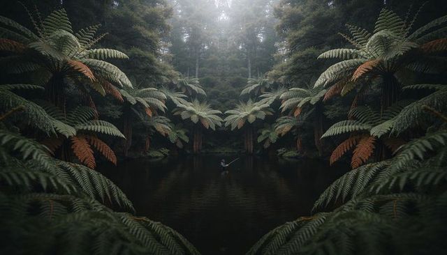 Solitary angler casting into misty fern-fringed pond under towering rainforest canopy
