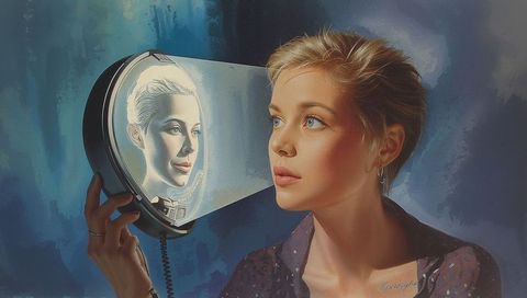 Woman Holding Circular Projection Display Revealing Reflective Face Futuristic Portrait