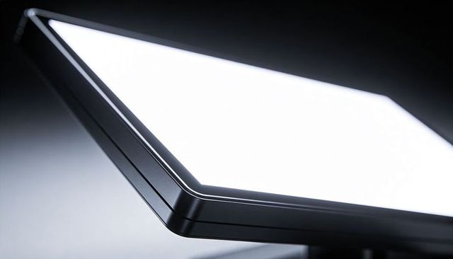 Slim LED panel glowing on angled stand highlighting low-profile bezel and bright light