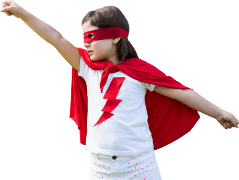 Confident Young Girl in Red Superhero Costume Transparent Background