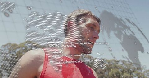 Outdoor Athlete Training with Digital World Map Overlay Representing Global Connectivity