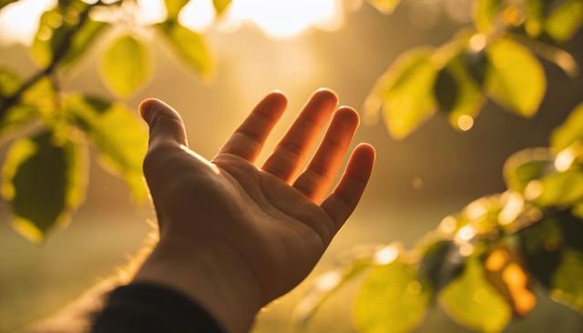 Reaching hand toward golden sunlight through garden leaves backlit warm morning calm serenity