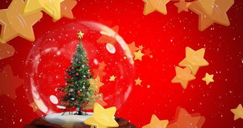 Enchanting Snow Globe with Christmas Tree Featuring Golden Stars