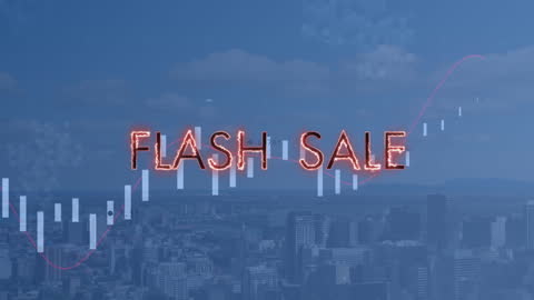 Flash Sale Animation Over Cityscape with Data Visualization