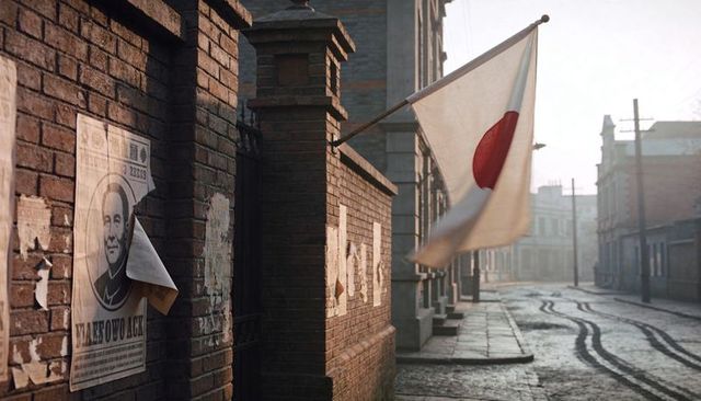 Historic red-brick street featuring japanese flag billowing and weathered posters on cobblestone lan