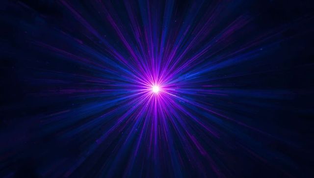 Radiant magenta-violet light burst emitting sharp radial beams across cosmic dark nebula