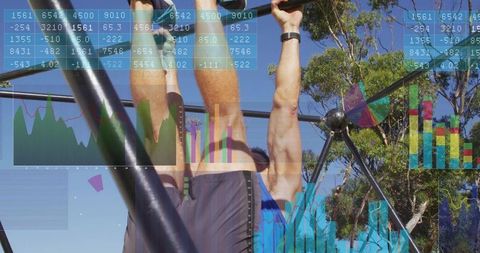 Athlete performing pull-up with data overlay for fitness training and smartwatch tracking