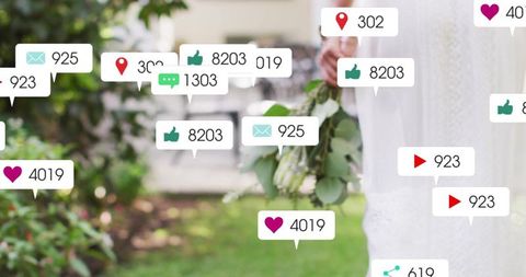 Bride in garden surrounded by social media icons depicting connectivity