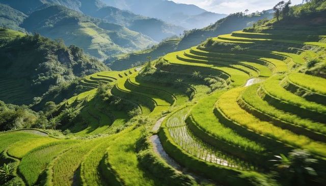 Cascading terraced rice fields sweeping across mountain slopes with reflective water