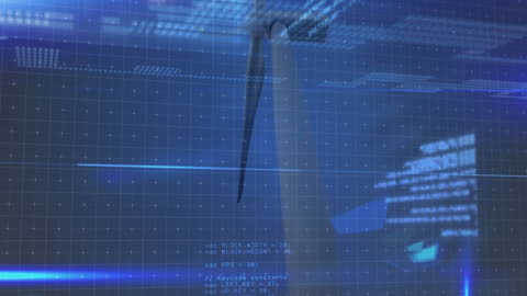 Wind Turbine with Digital Data Overlay Symbolizing Renewable Energy Technology