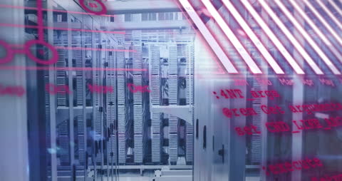 Digital Interface with Server Room and Data Processing Diagrams