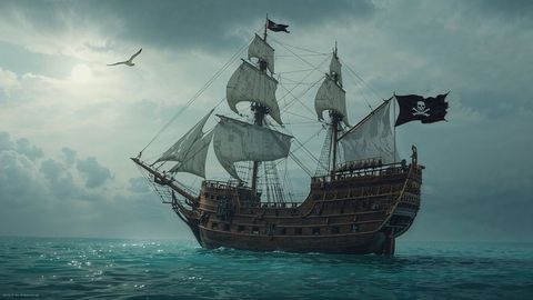 Majestic pirate ship with sails billowing at sea