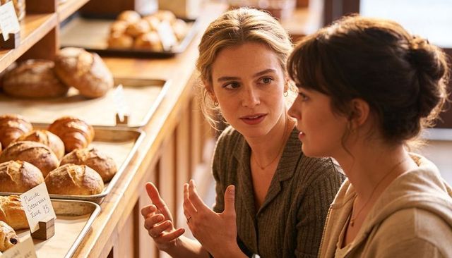 Gesturing woman chatting with friend at sunlit artisan bakery counter, rustic bread display