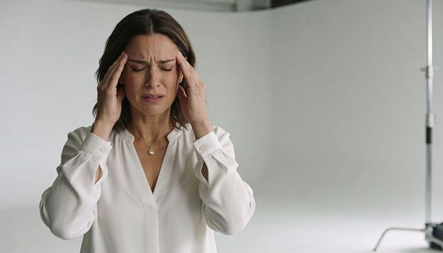 Woman pressing temples experiencing headache wearing white blouse pendant studio portrait