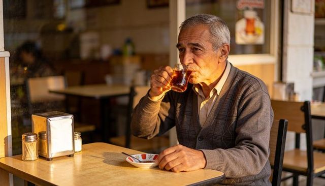 Senior man sipping tea at sunlit cafe window, wearing cardigan and collared shirt
