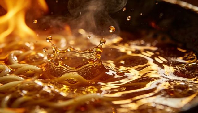 Golden ramen broth splash crown boiling noodles flame steam droplets closeup amber glow