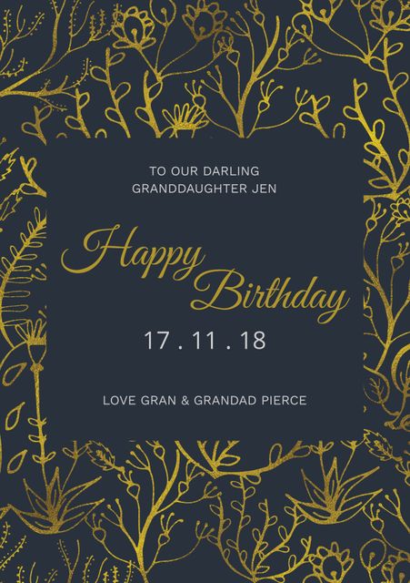 Versatile golden botanical-themed invitation card featuring elegant floral patterns over a navy blue background. Ideal for birthdays, weddings, and other significant events. This template allows for customization of text, making it a fitting choice for personalized messages. Useful for sending special invitations to loved ones, adding a sophisticated touch to celebrations.