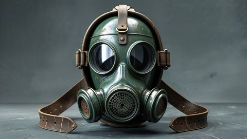 Vintage first world war green metal gas mask with leather straps