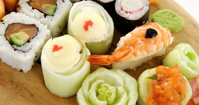 Assorted Sushi Rolls and Nigiri on Wooden Platter - Download Free Stock Images Pikwizard.com