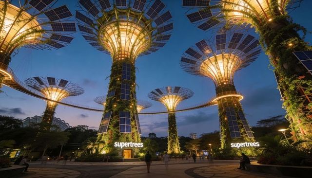 Glowing supertrees at twilight with skywalk and solar canopies in urban garden
