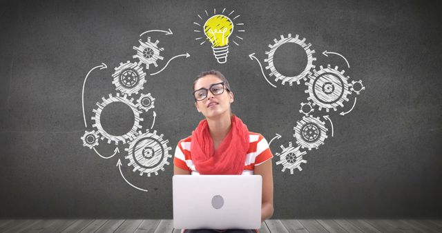 Innovative Woman Thinking and Using Laptop with Gears and Lightbulb Concept - Download Free Stock Images Pikwizard.com