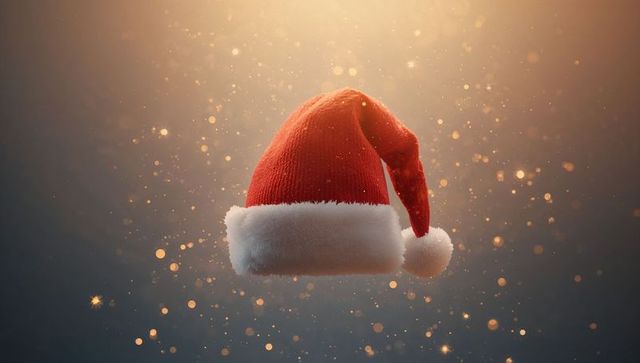 Floating red santa hat with fluffy white trim and golden bokeh holiday sparkle