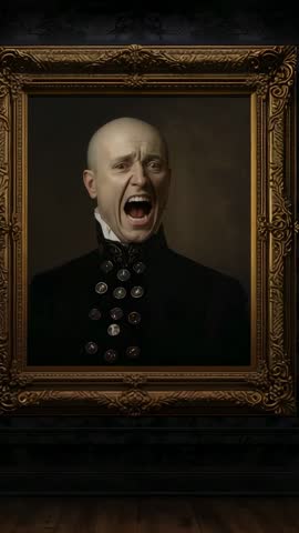 Vertical video portrait suddenly screaming inside ornate gold frame in dark gallery