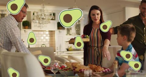 Joyful Family Gathering During Dinner Time with Avocado Overlays