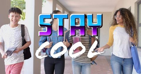 Diverse teen students walking and chatting in school corridor with casual stay cool overlay