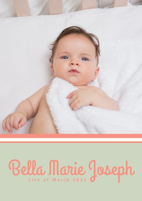 This image features a Caucasian newborn baby wrapped in a soft, white blanket. Below the baby's portrait there is a personalized card displaying the name 'Bella Marie Joseph' and the birth date '21th of March 2023'. Use this image for newborn announcements, birth celebration cards, baby shower invitations, or nursery decor. The soft green and white color scheme adds a gentle and inviting feel, perfect for welcoming a new baby.