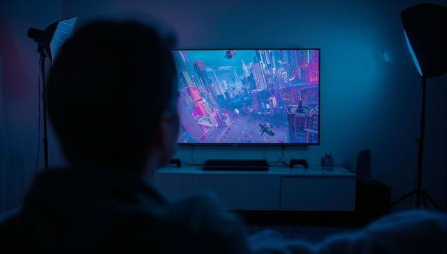 Man Gaming in Futuristic Neon Blue Room with Cityscape Display