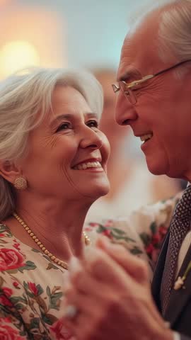Vertical wedding video of senior couple dancing at reception, waltzing and smiling in warm glow