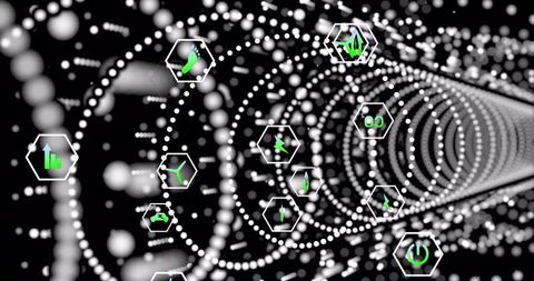 Futuristic Data Network with Green Icons in Digital Tunnel