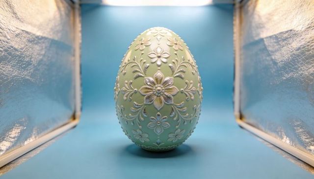 Pastel green ornamental egg with embossed silver floral design on blue background