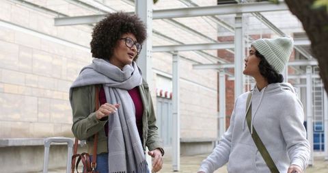 Multicultural friends talking while traveling with roller suitcase under glass canopy
