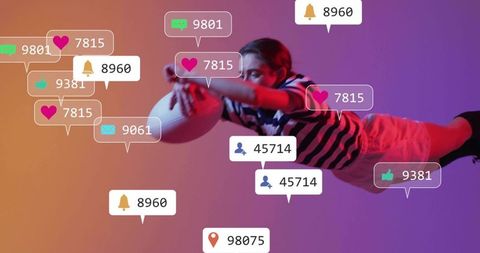 Leaping athlete grabbing ball with social media engagement overlays and neon gradient