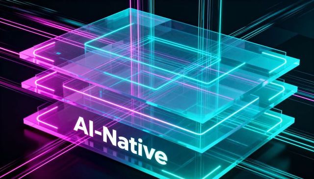 Ai-native neon glass stack showcasing glowing data lines and futuristic tech