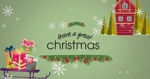 Festive Christmas Card with Sledge and Gifts on Green Background