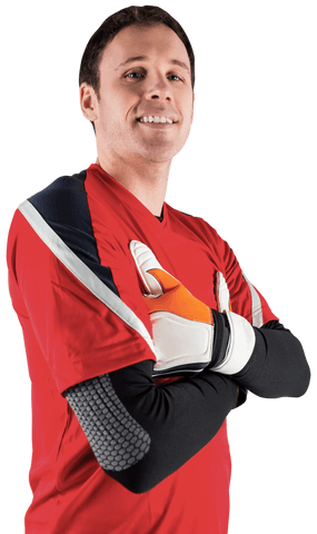 Confident Goalkeeper in Red Suit Wearing White Glove Transparent Background