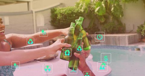 Friends clinking green beer bottles by backyard pool with eco AR icons for summer celebration