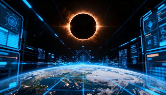 Orbital hud view showing total solar eclipse over earth with futuristic blue interface