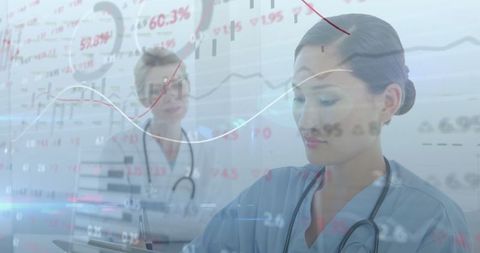 Healthcare Professionals Working with Advanced Analytics Overlay