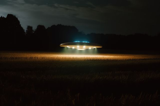 Perfect for use in content about UFO sightings, extraterrestrial life, science fiction themes, and night landscapes. Great for storytelling, creating suspenseful scenes, or illustrating articles about aliens and mysterious events.