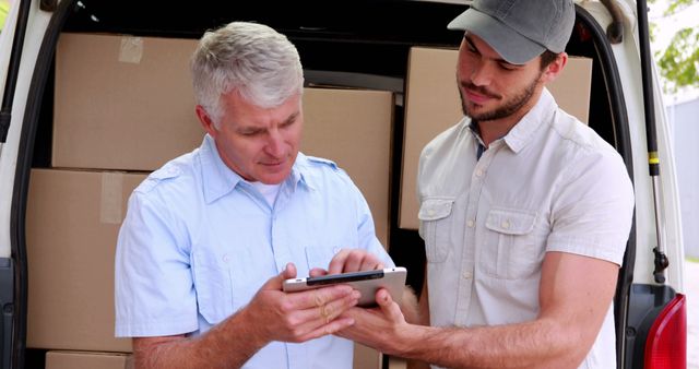 Two delivery workers standing by a van full of boxes are using a digital tablet to manage inventory. One worker, with gray hair, is operating the tablet while the younger worker looks on. Ideal for illustrating themes related to logistics, transportation, modern technology in delivery services, team work, and business operations.